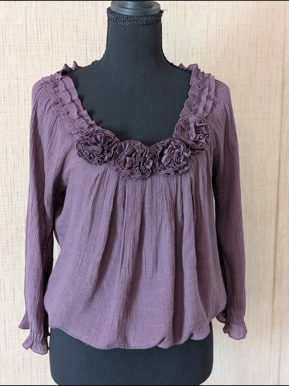 mine Plum Ruffled Floral-Trim Long Sleeve Blouse